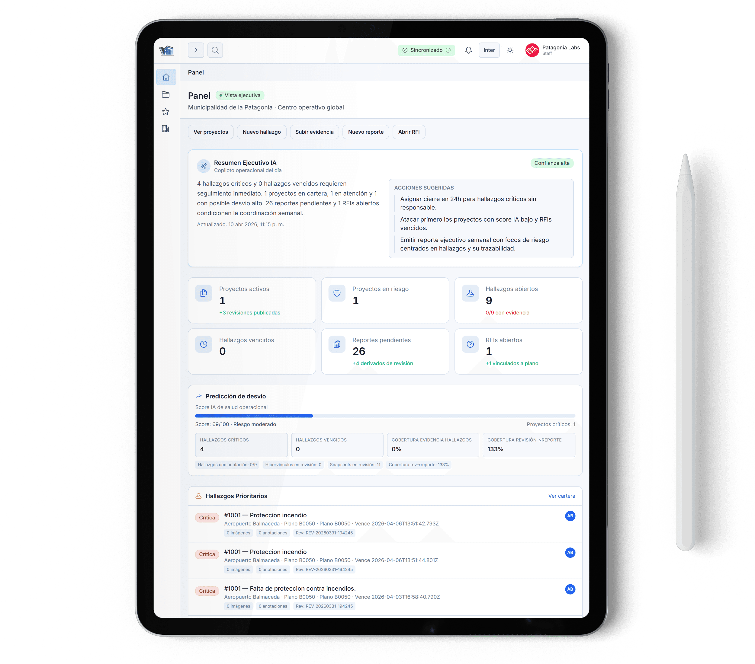 Panel ejecutivo Grid One en tablet: resumen IA, KPIs y prioridades operativas