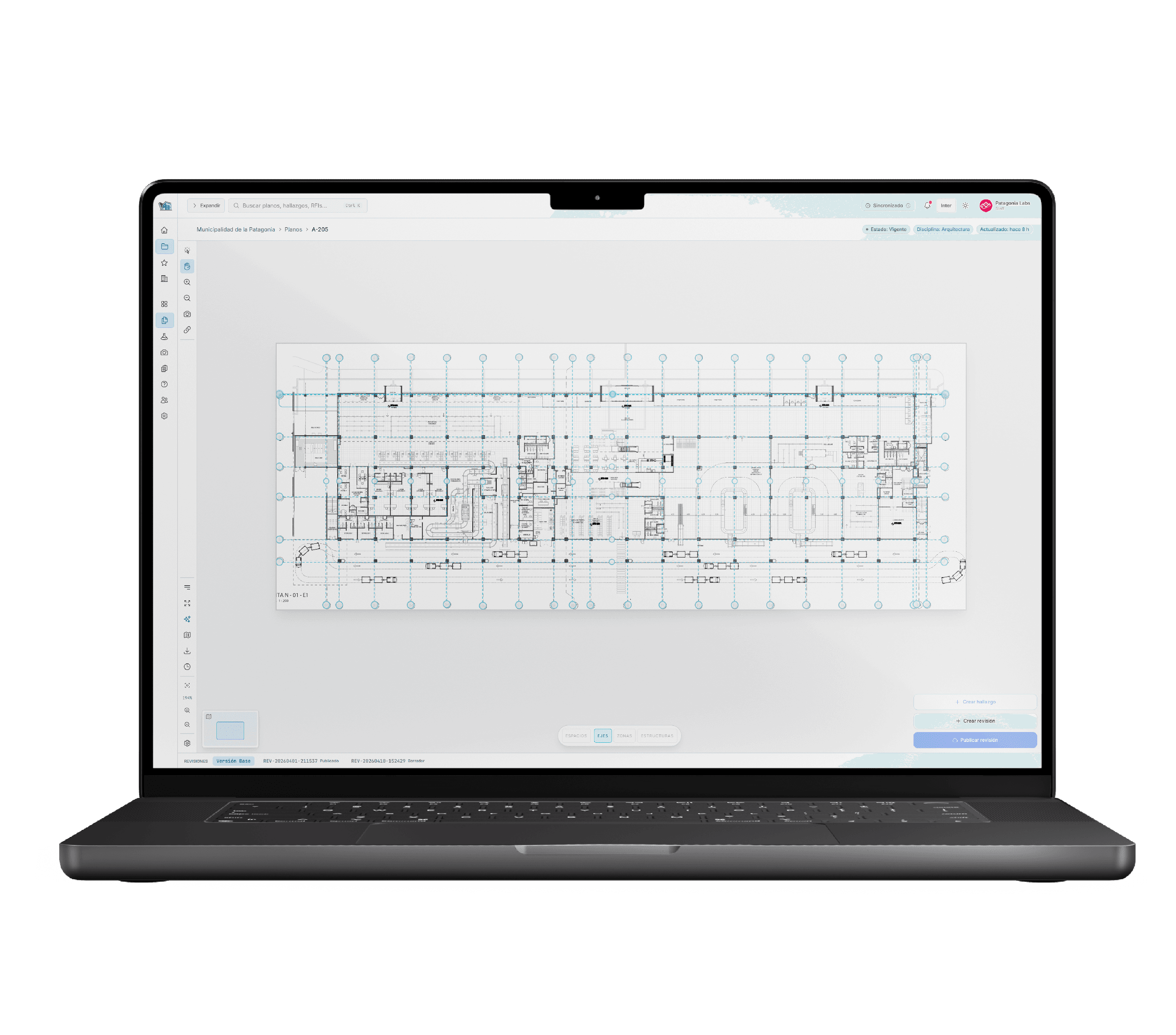 Visor de planos Grid One en MacBook: plano vigente, herramientas y revisiones